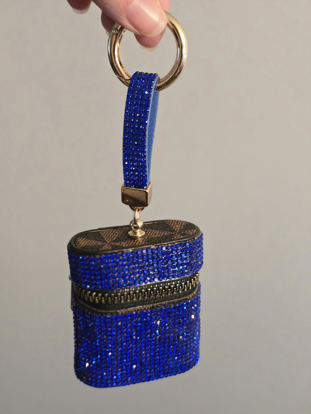 Royal Blue Crystal Keychain Earbud Case with Gold Ring